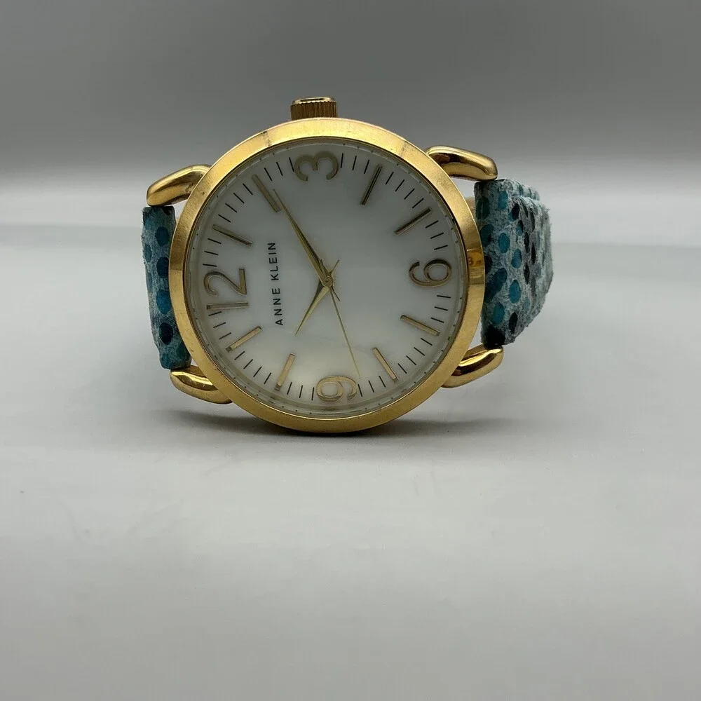 Anne Klein Womens Watch 40mm MOP Dial Gold Tone Blue Leather New Battery